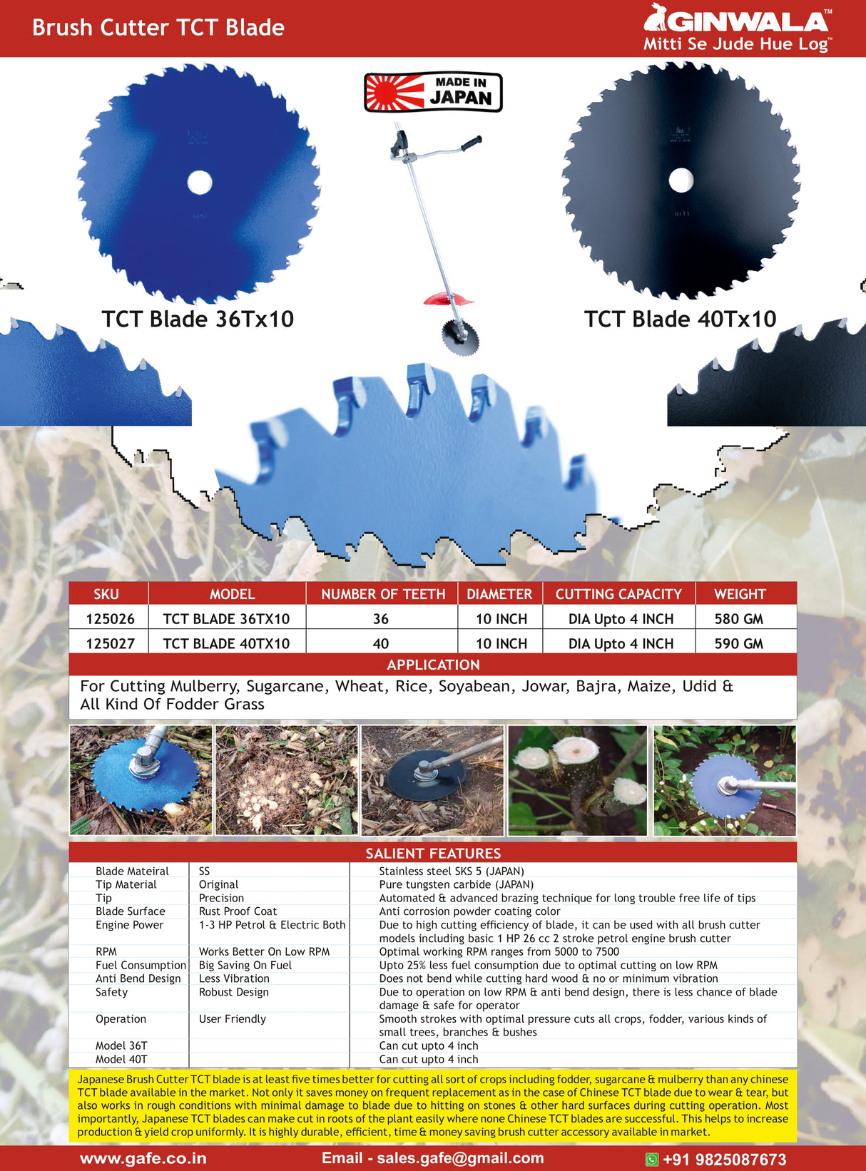 Sanyo Metal TCT Saw Blade 10 Inch (255mm) 40Teeth, Can Cut Upto 4 Inch, For All Brush Cutters, For Cutting Mulberry, Sugarcane, All Type of Agri Crops & Fodder Grass (Made in Japan) (40T X 10 Inch)